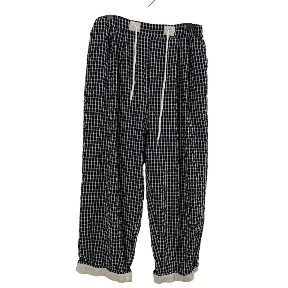 BUYKUD Pants Womens Large Black Grid Print Drawstring Elastic Wide Lagenlook